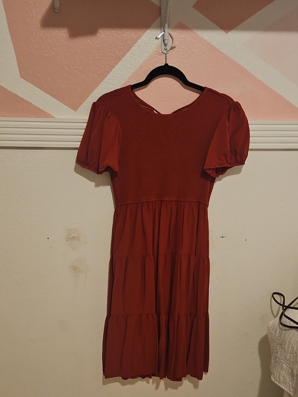 Women's Rust Red Tiered Puff-Sleeve Dress